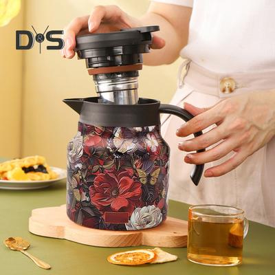 Thermal Coffee Carafe Insulated Tea Pot with Built-in Filter V-Shaped Spout Retro Floral Pattern Water Tea Pot Beverage Pitcher