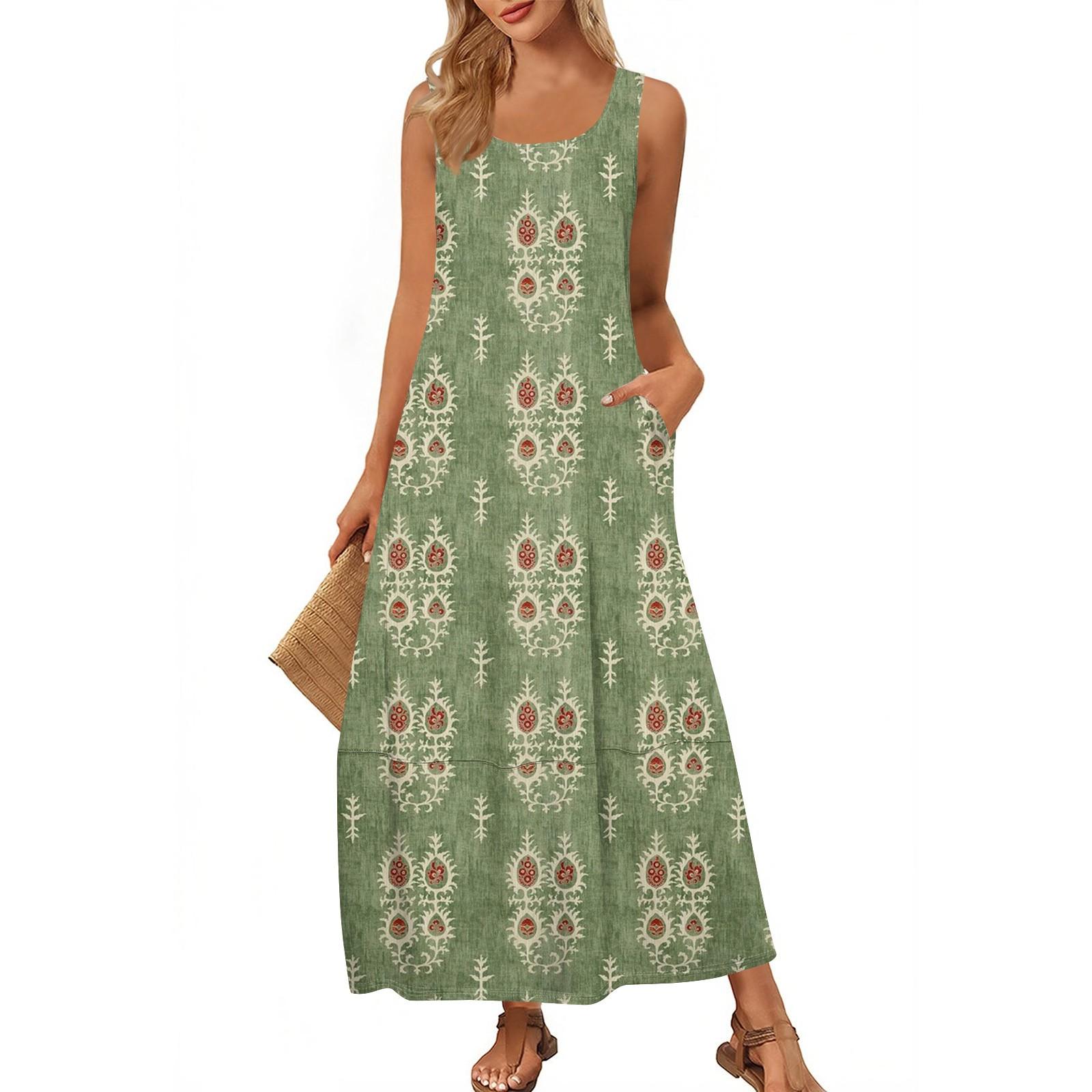 

Женская модная повседневная макси-юбка, летняя пляжная юбка с круглым вырезом, без рукавов, свободный сарафан с винтажным принтом L армия зеленый