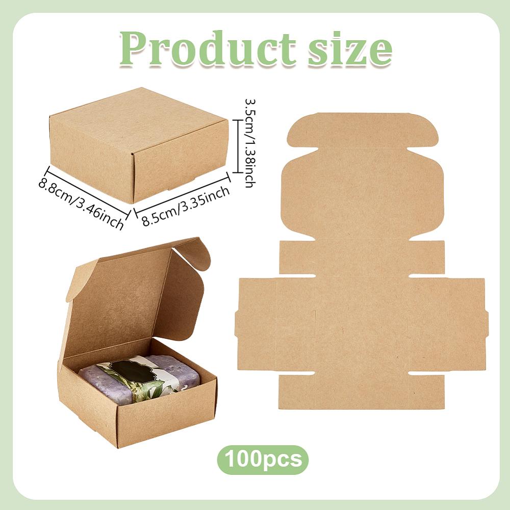 100pcs Kraft Paper Box Folding Box Square Tan 8.5x8.5x3.5cm