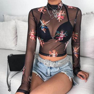 Transparentes, sexy Damen-T-Shirt mit langen Ärmeln, durchscheinendes, feines Netz-Rollkragenoberteil für Damen