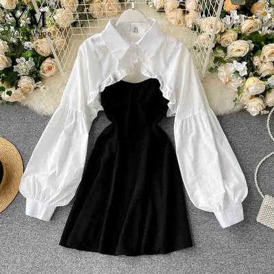 Französisch Sexy Spaghetti Strap Kleid Anzug Frauen Weiß Langarm Blusen Schwarz Mini Kleid Set Korean Fashion Designer Casual Vestidos