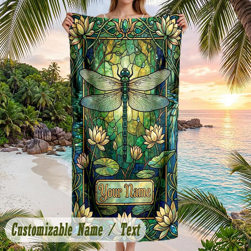 Dragonfly Garden Dream Theme Quick Dry Beach Towel Custom Name Text Print Large Sand Resistant Towel Beach Vacation