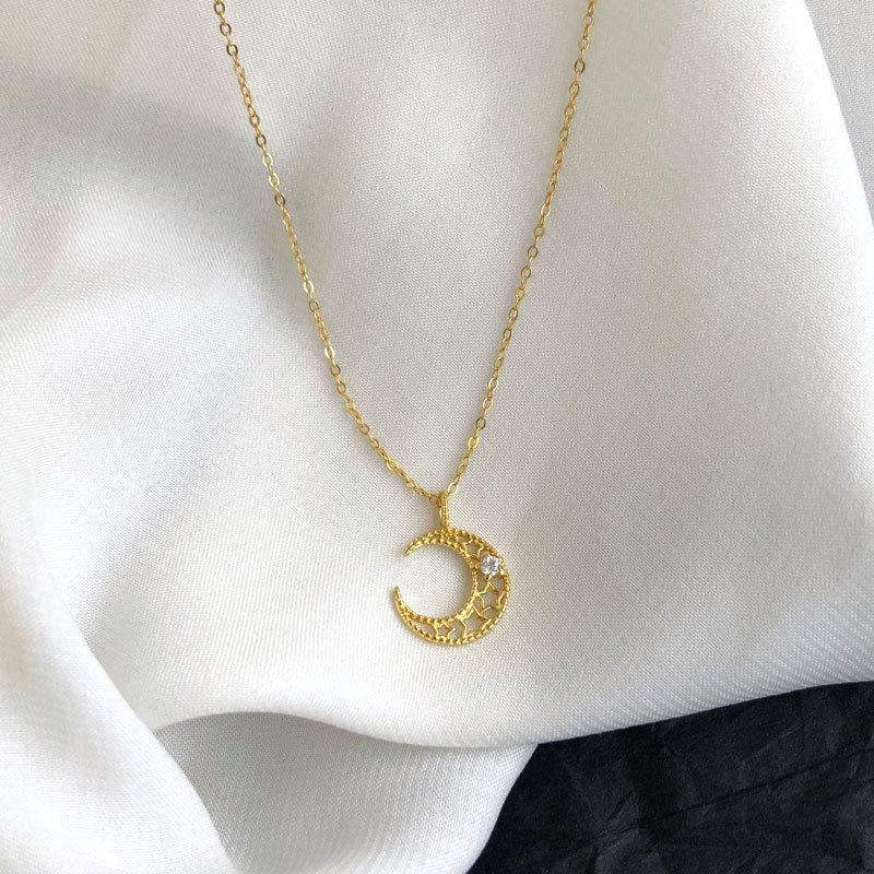Moon Star Moon Hollow Diamond Necklace for Women Korean Collarbone Chain Simple Trendy Fashion Temperament