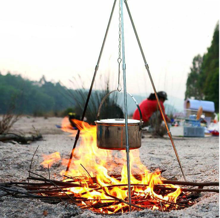 Portable Silver Aluminum Tripod Stand with Combination Stove for Outdoor Camping & Hiking Firewood Fuel Cooking & Grilling