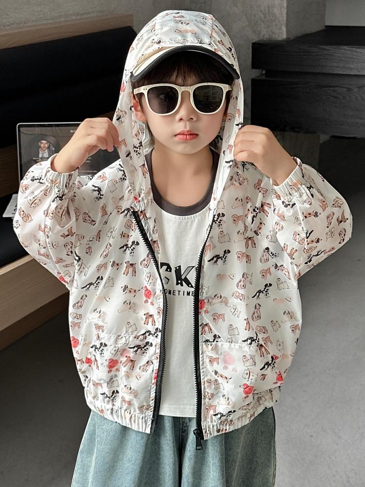 Toddler & Young Boys' 2026 Summer Sun Protection Hooded Jacket - Cartoon Puppy Print, Breathable & Light