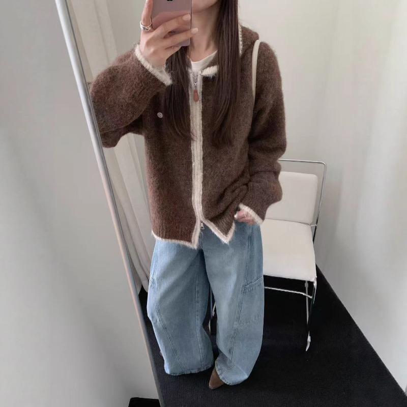 New Color Matching Edge Hooded Double Zipper Retro Casual Wool Blended Long-sleeved Knitted Cardigan Jacket Women