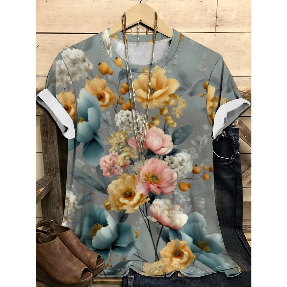 

Colorful Floral Pattern 3D Digital Printing Women s Trendy Round Neck Short Sleeved T-shirt 6XL
