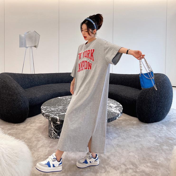 2025 Korean Style Summer Over-the-Knee Print T-shirt Dress - Loose, Slimming, Plus Size