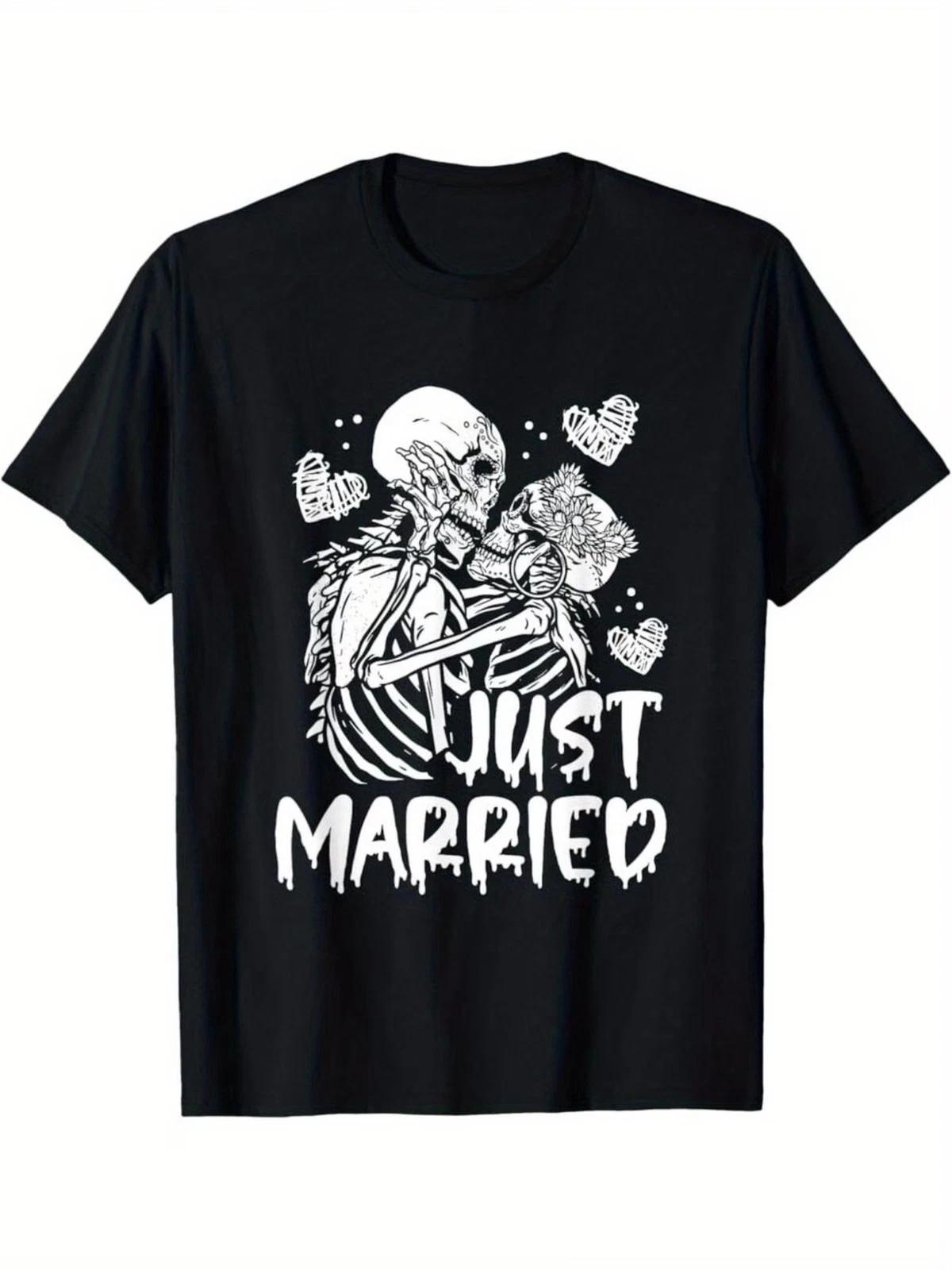 Just Married Halloween Skeleton Bride And Groom Wedding T-Shirt Summer Comfortab L