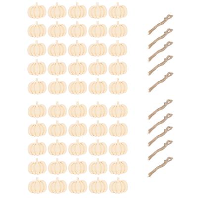 50 Sets Wooden Pumpkin Cutout Unfinished DIY Beautifully Carved Synthetic Wood Pumpkins with Hemp Rope for Party Decor
