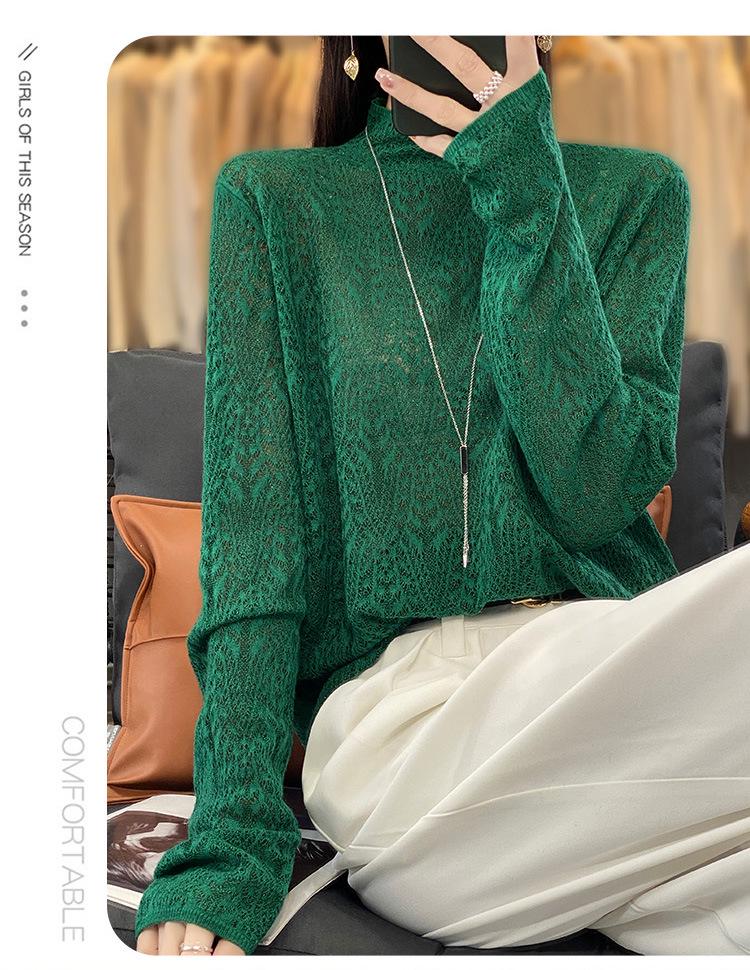2025 Spring Worsted Wool Knit Sweater: Half-High Neck, Long Sleeve, Floral Hollow Design Pullover