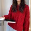 European Style 100% Wool Red Rhombus Twist Sweater, Thick & Loose, Perfect for Women In Autumn/Winter