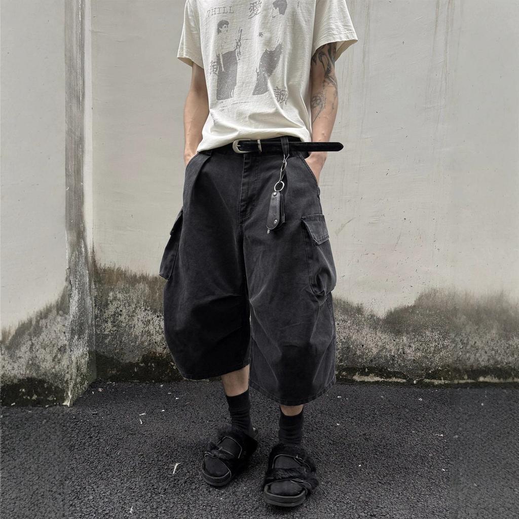 Casual pants versatile men's cropped pants loose black summer street trend wide-leg shorts multi-pocket spot others