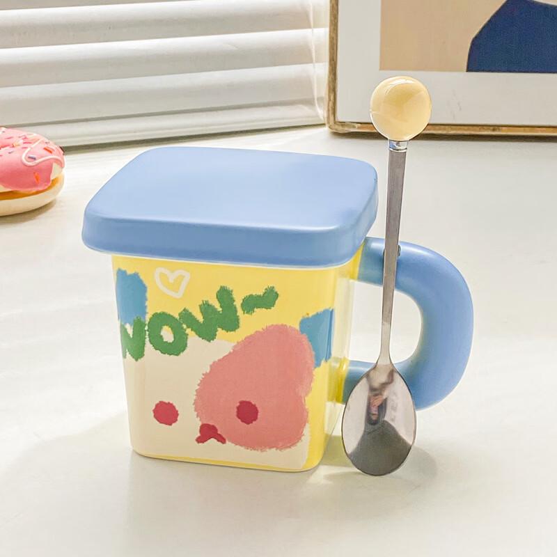 Cute Yellow Dog Couple Coffee Mug with Lid and Spoon
