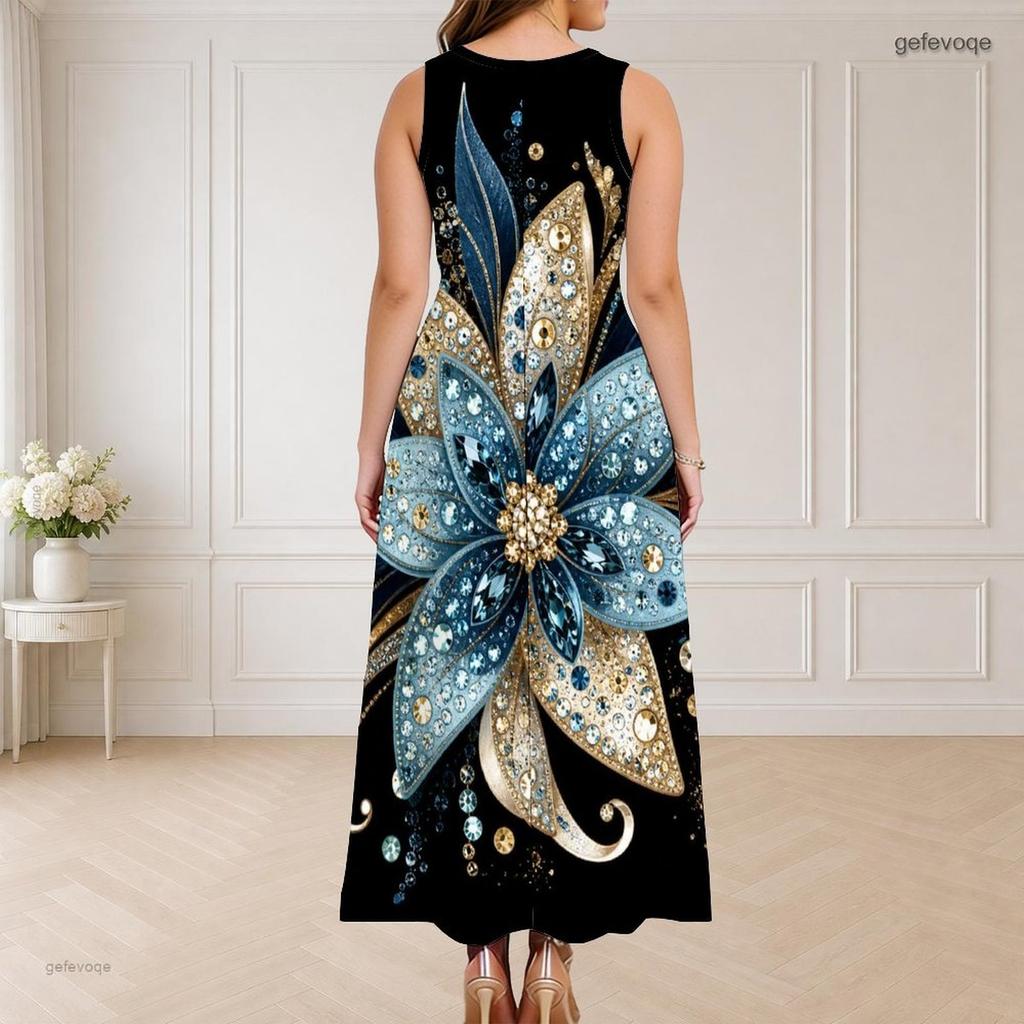 Women Plus Size Sleeveless Round Neck Triple Keyhole Cutout Floral Printed Black Long Dress