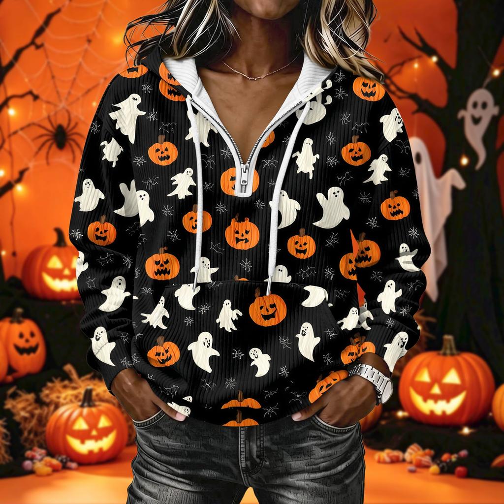 Women's Long Sleeve Halloween Print Pullover Hoodie Sweatshirt with