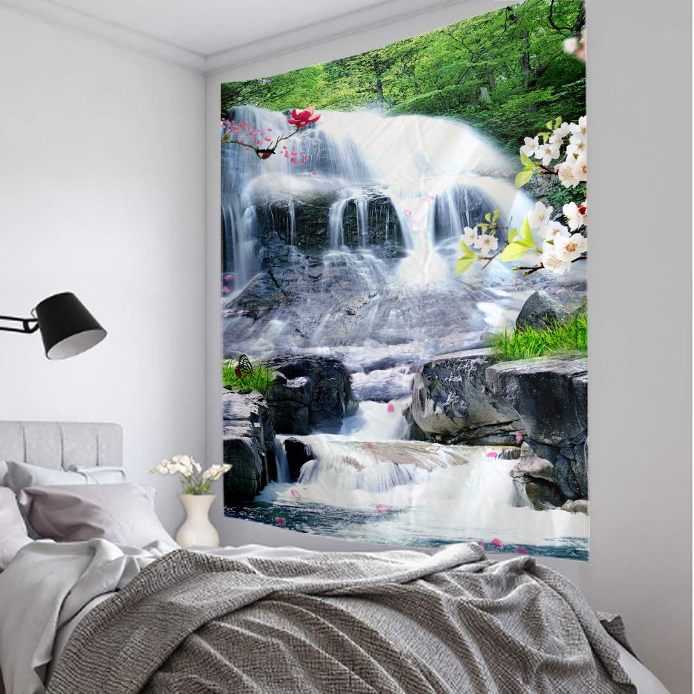 Beautiful Forest Waterfall Tapestry Natural Landscape, Wall Mounted, Background Cloth, Home Living Room Bedroom Wall Decoration