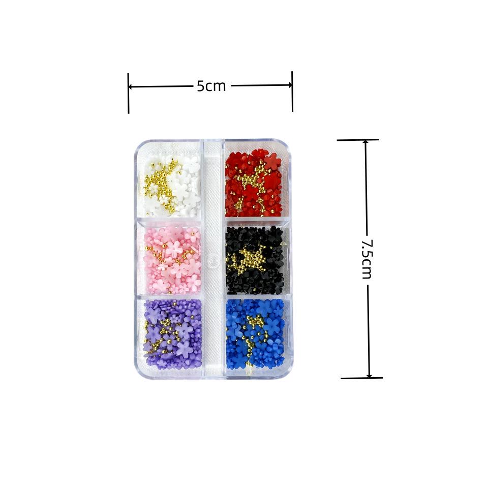 Boxed Resin Flower Nail Art Decor: Mixed Five-Petal Flowers, Sizes & Rhinestones with Steel Beads 6-grid square-corner long box