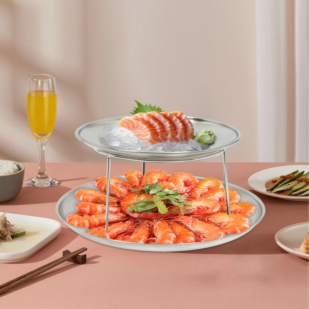 Set di Piatti da Portata per Frutti di Mare a 2 Piani, Vassoio Rotondo in Metallo da 20 cm e 25 cm con Supporto, Piatto d'Argento per Antipasti, Vassoio per Sushi, Piatto da Festa