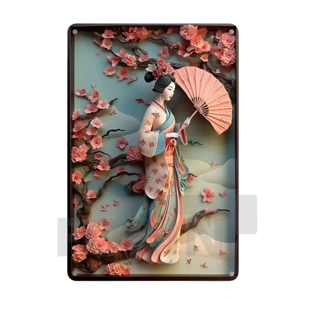 Panneau Métal Kimono Geisha Japonaise, Affiche Art Élégant Japon Fleurs de Cerisier 2D, Décor Mural Maison, Chambre, Bureau, Izakaya, café, Studio