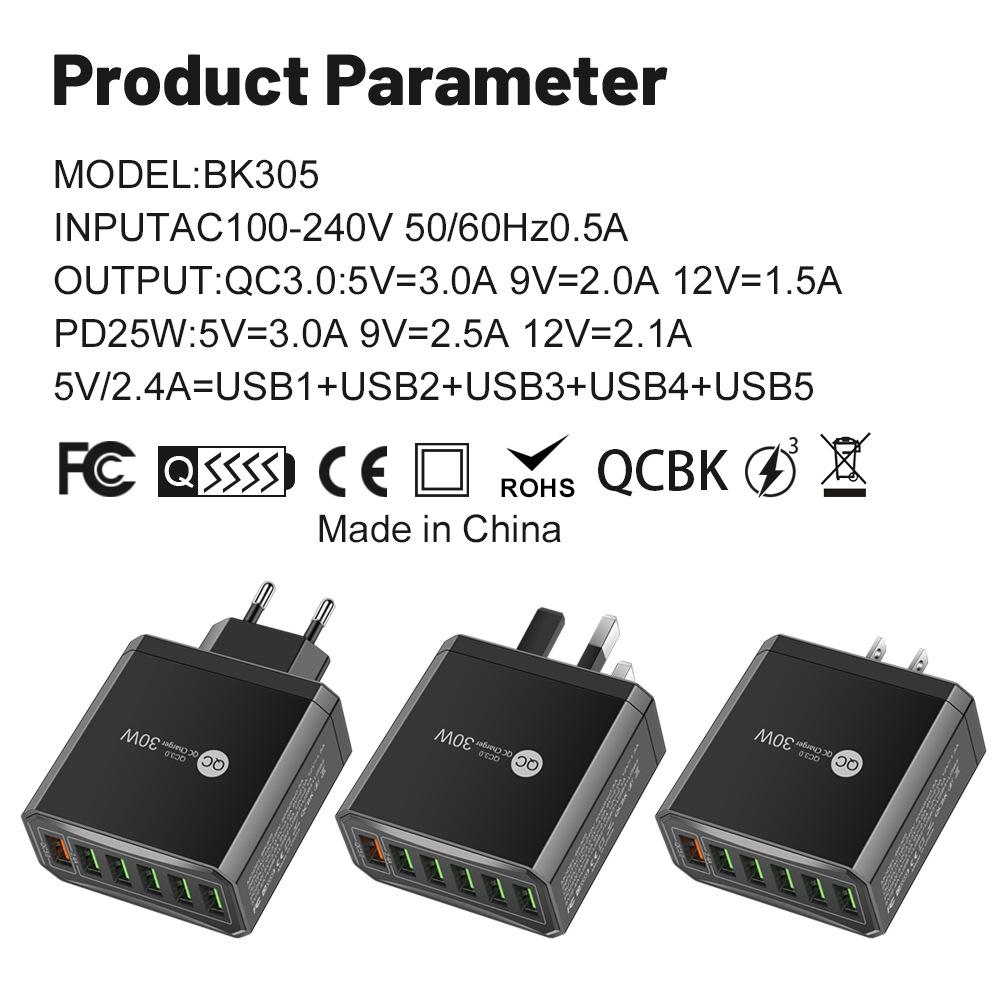 30W 6-Port QC3.0 Fast Charger with EU, US, UK, Korean Plugs