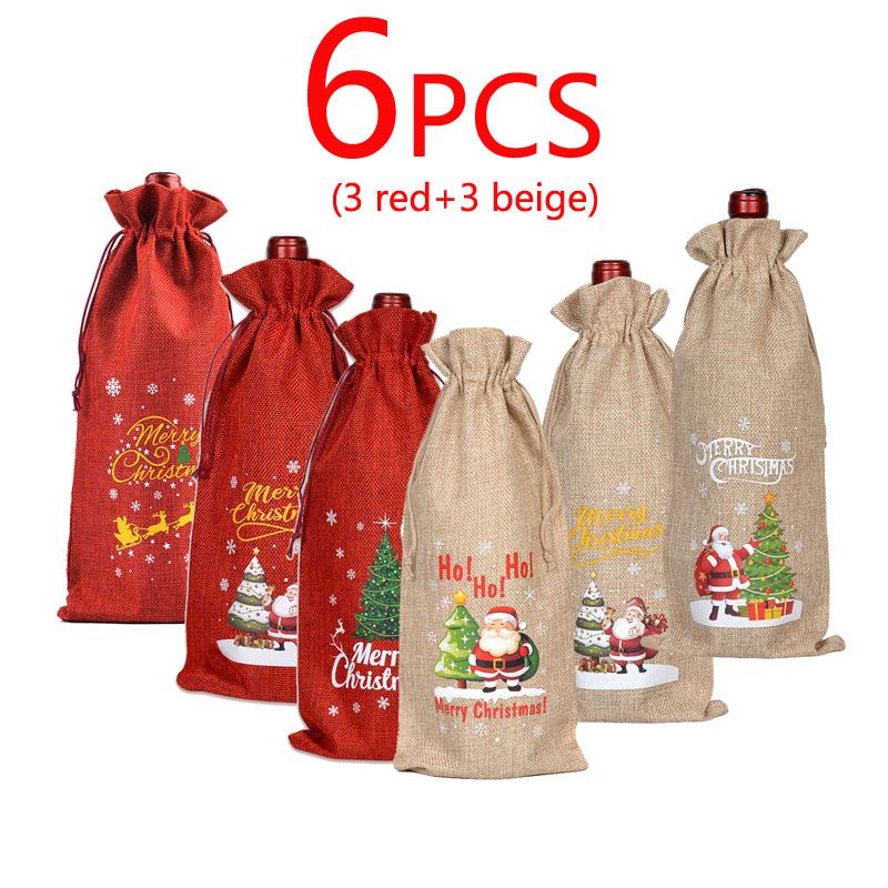 3/6pcs Christmas Wine Bottle Gift Bags Cover with Drawstring Burlap Linen Wine Gift Bags for Xmas Party Decorations