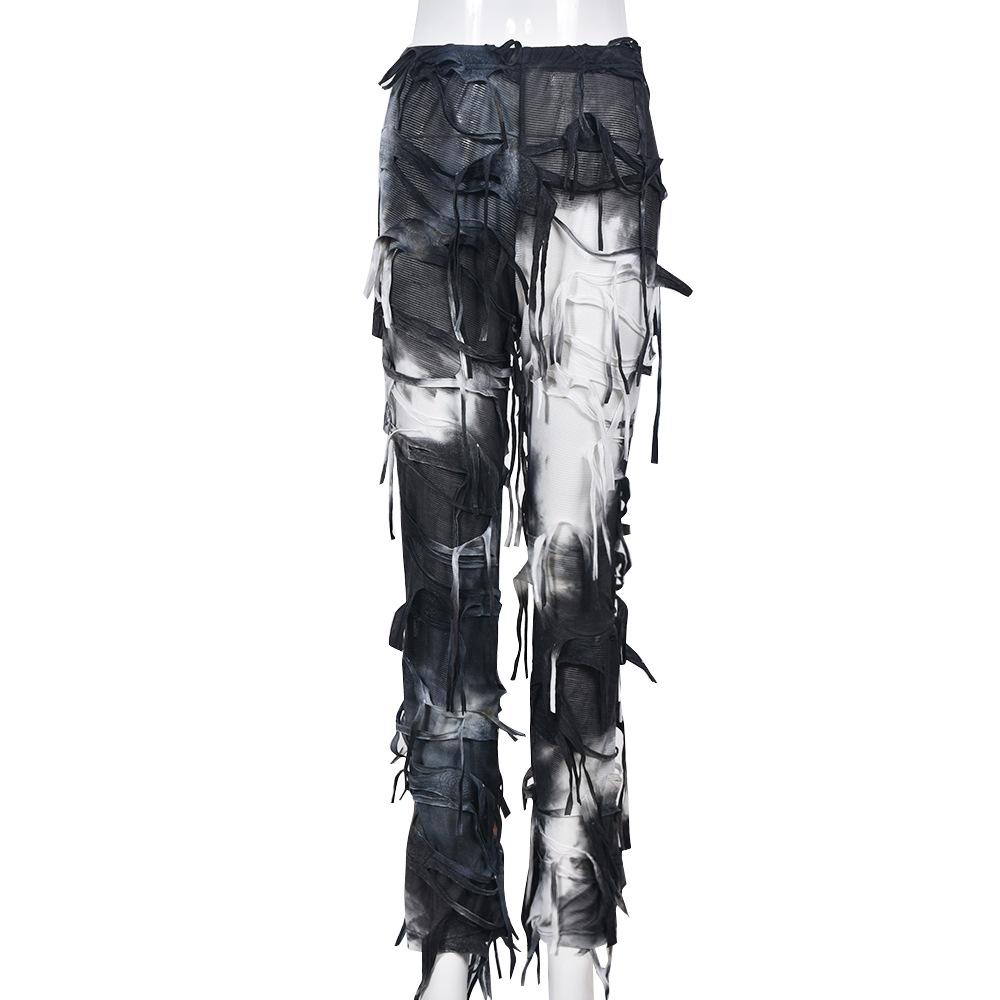 Neue Damen Herbst Tie-Dye Ausgefranste Jeans, Distressed Design Boho Streetwear Lässige Denim-Hose mit Fransen-Saum, Künstlerische Baggy-Hose