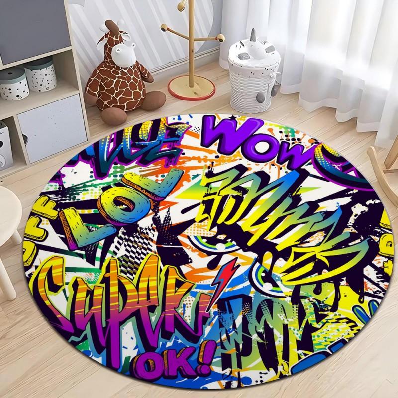 Hip Pop Doodle Print Round Area Rug for Kids Bedroom  Anti Slip Washable Flannel Carpet for Home Living Room  Round Floor Mat