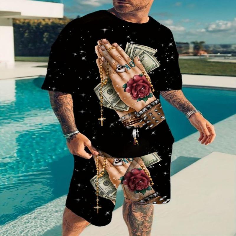 Fashion Retro Casual Vacation Summer Men's Suit 3D Printed Sportswear Short-sleeved Suit Oversized Round Neck T-shirt Shorts 2-piece