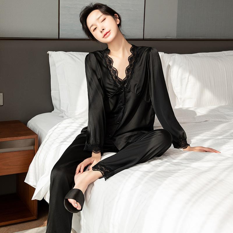 1011 New Pajamas Women's Spring and Autumn Ice Silk Long Sleeve Pants Set Live Sexy Lace Homewear Summer
