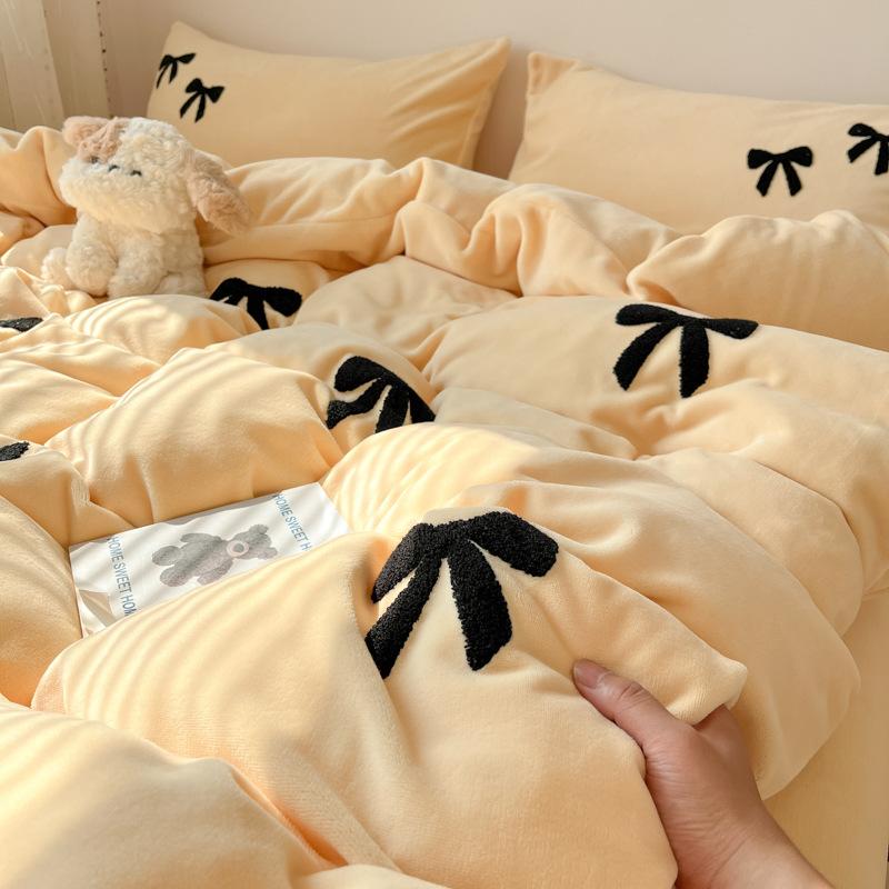 Bow High Gram Weight Thickened Milk Fleece Towel Embroidery Four-Piece Set Bed Sheet Quilt Cover Bedding Three-Piece Set