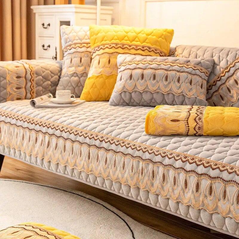 Capa de sofá de pelúcia quente de inverno com renda antiderrapante de alta qualidade, encosto de sofá, toalha, móveis, capa protetora completa à prova de poeira