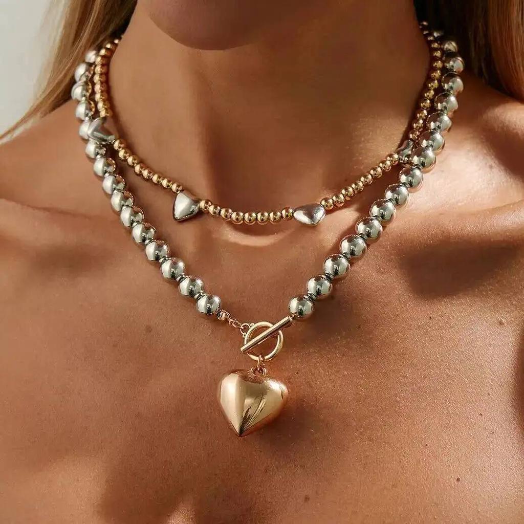 IngeSight.Z 2Pcs/Set Trendy Handmade Beaded Love Heart Pendant Choker Necklace Women Punk Clavicle OT Chain Party Jewelry Gifts