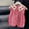 Soft Thin Summer Doll Collar Romper Strawberry Grid Frill Design Stylish Infant Girls Daily Crawling Wear 0-18M