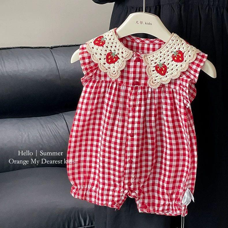 Soft Thin Summer Doll Collar Romper Strawberry Grid Frill Design Stylish Infant Girls Daily Crawling Wear 0-18M