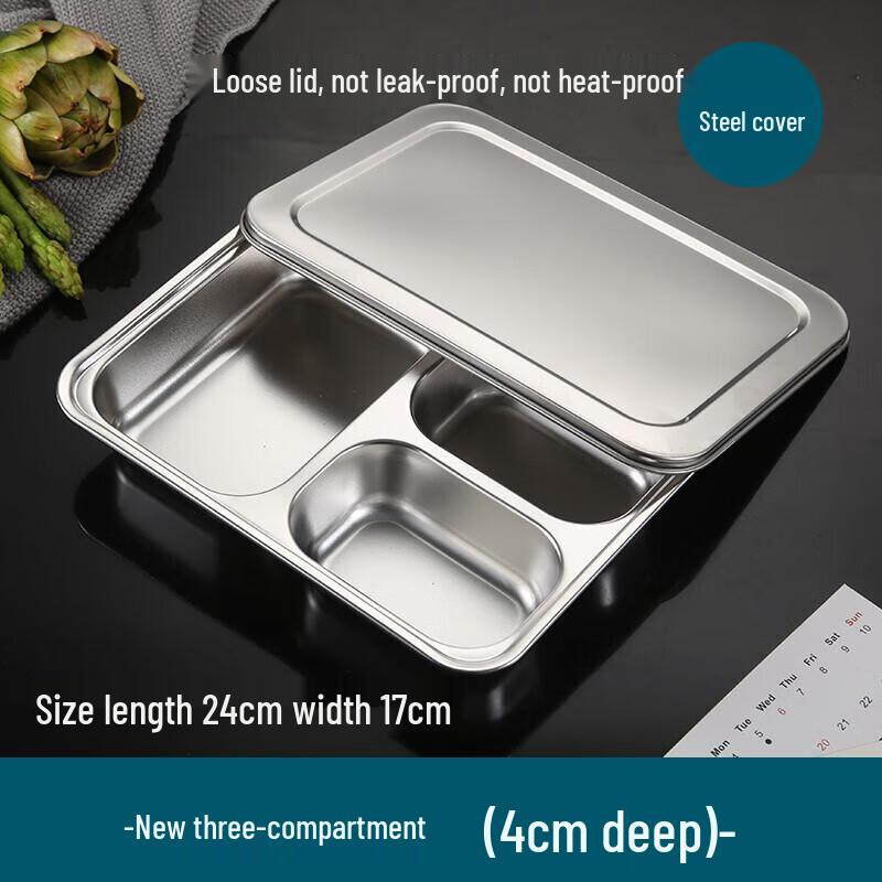 Chahua 304 Stainless Steel 3-Compartment Lunch Tray with Lid