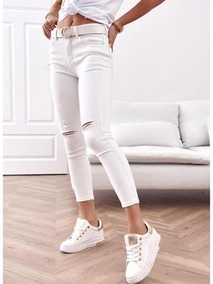 Dámské off-white slim fit roztrhané zkrácené džínové džíny - Vysoká kvalita evropský a americký styl