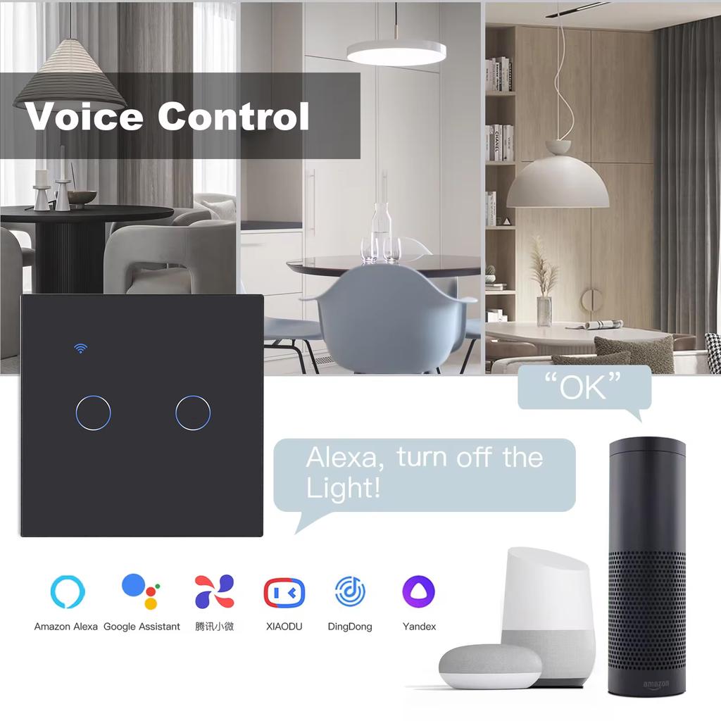 BSEED Interruptores Touch Wifi 1/2/3 Teclas Com Capacitor 2 Vias Para Escadas Corredores Lâmpadas Controle App Tuya Smart Life Alexa Pacote com 2