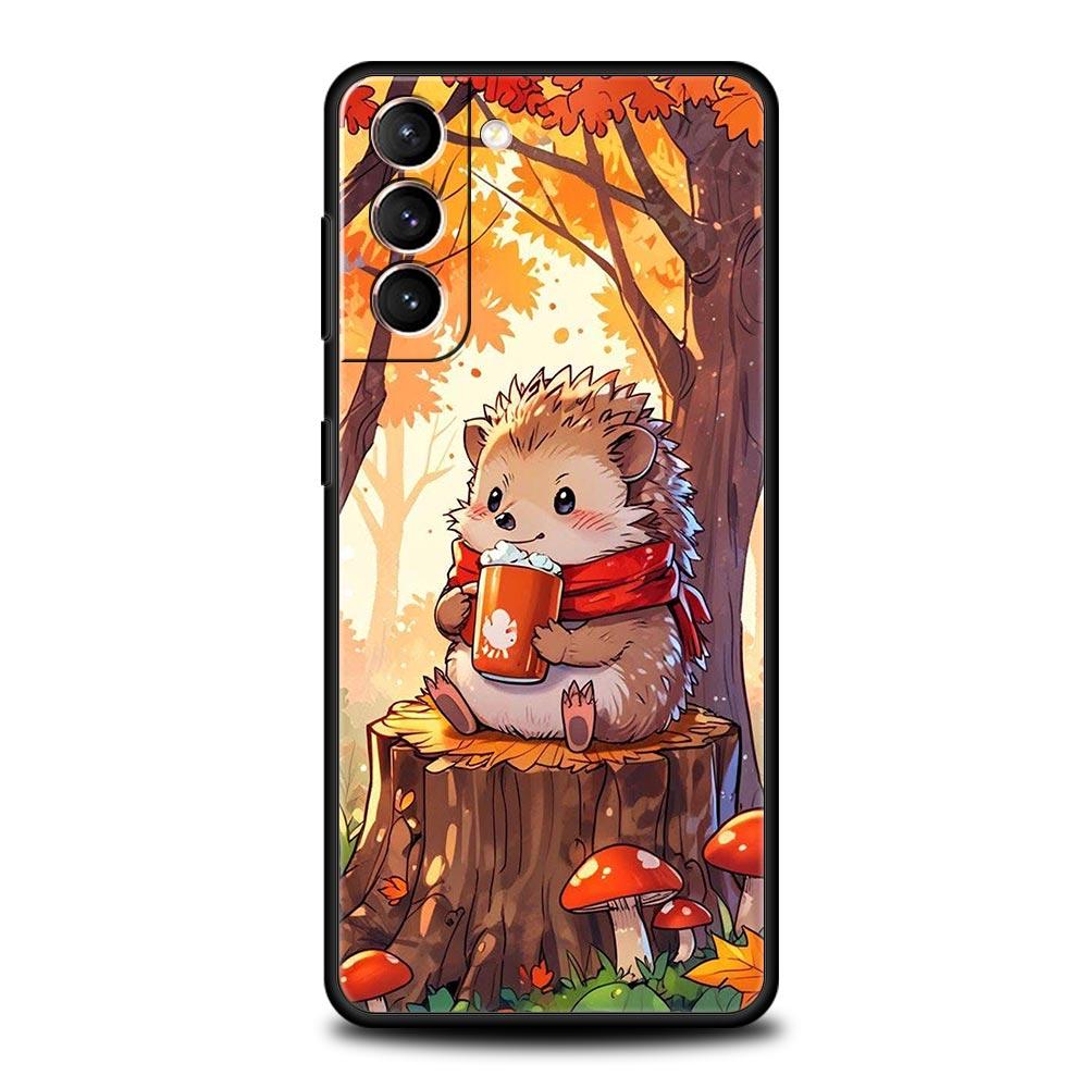 Autumn Cute Hedgehog Design Phone Case For Samsung Galaxy S26 Ultra S25 Plus S24 FE S23 S22 5G S21 S20 Cover Black Soft