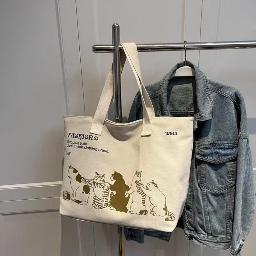 Cute Canvas Shoulder Bag Korean Style Printing Handbag Temperament Printed Cat Tote Bag  Ladies бежевый