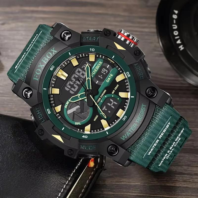 FOXBOX Sports Military Mens Watches Luxury Fashion Waterproof Quartz Male Wrist Watches Dual Display Clock Relogios Masculino