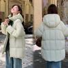 Large version down cotton clothes women's medium and long soft warm puffs down cotton solid color hooded small fresh coat
