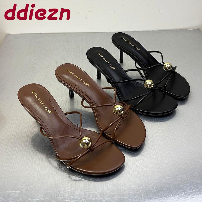 Fashion Black Footwear Metal Fashion Round Toe Ladies Medium Heels Sandals Female Slides Shoes Elegant Women Heeled Sandals Shoes Pumps