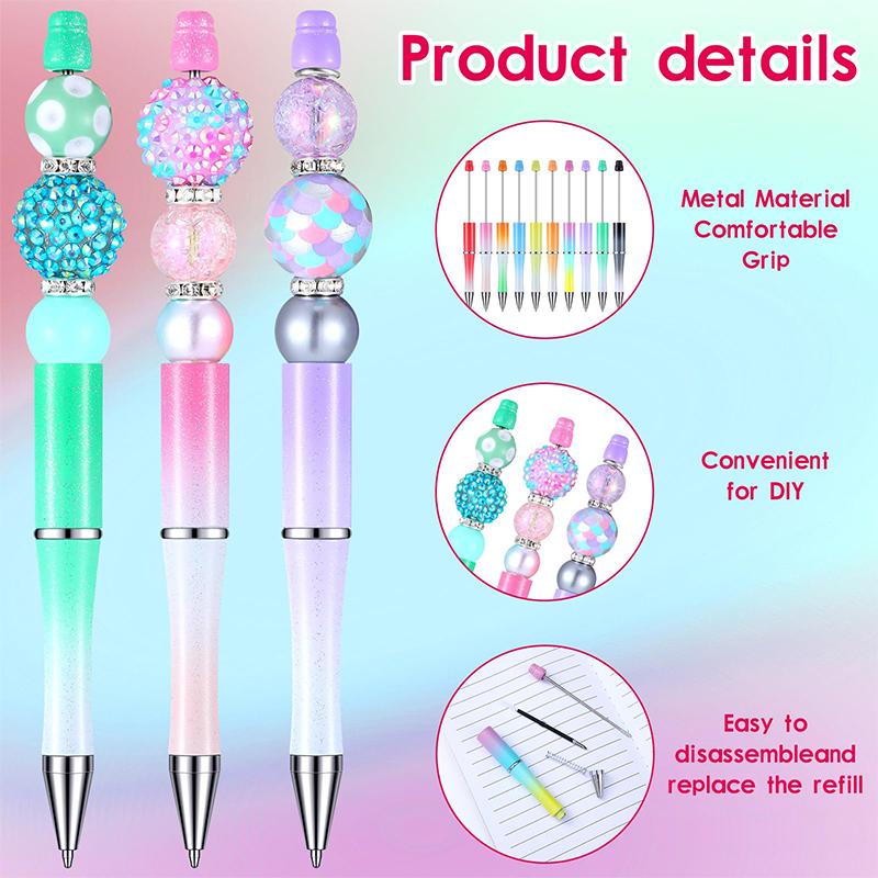 200Pcs Gradient Color Beaded Ballpoint Pen Black Ink Bead Pen Plastic Beadable Writing Pen School Office Supplies