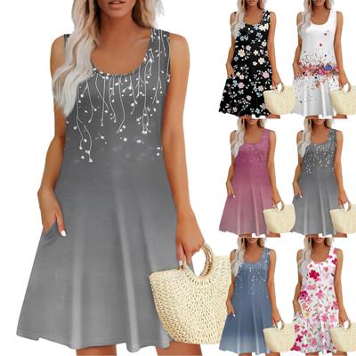 Women's Summer Casual U-neck Floral Print Dress Sleeveless Dress With Pockets