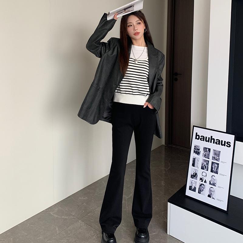 Women's High Waist Black Flared Velvet Trousers - Slim Fit, Casual, Autumn/Winter Wide Leg Pants