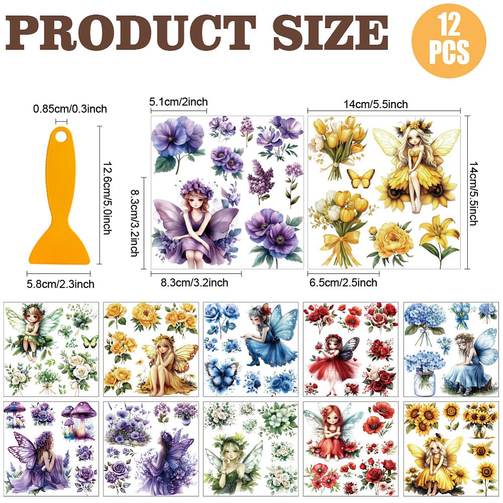 12 Sheets 12 Style PVC Stickers Heat Transfer Film for Window Decoration Fairy 140x140mm 1 sheet/style