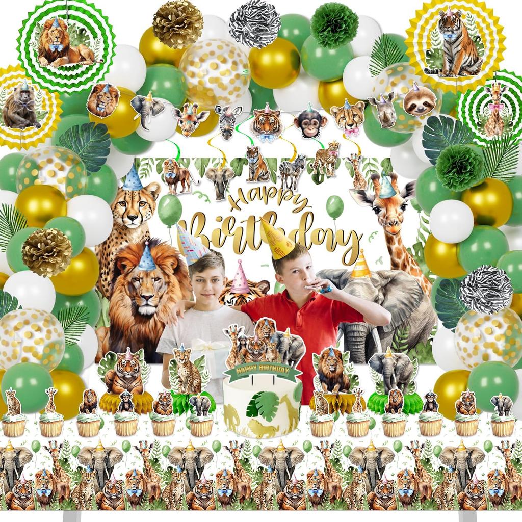 Mpanwen Safari Jungle Birthday Party Decorations, 125 Pcs Safari Zoo Animal Theme Party Supplies for Baby Boys - Backdrop, Cupcake Toppers, Palm
