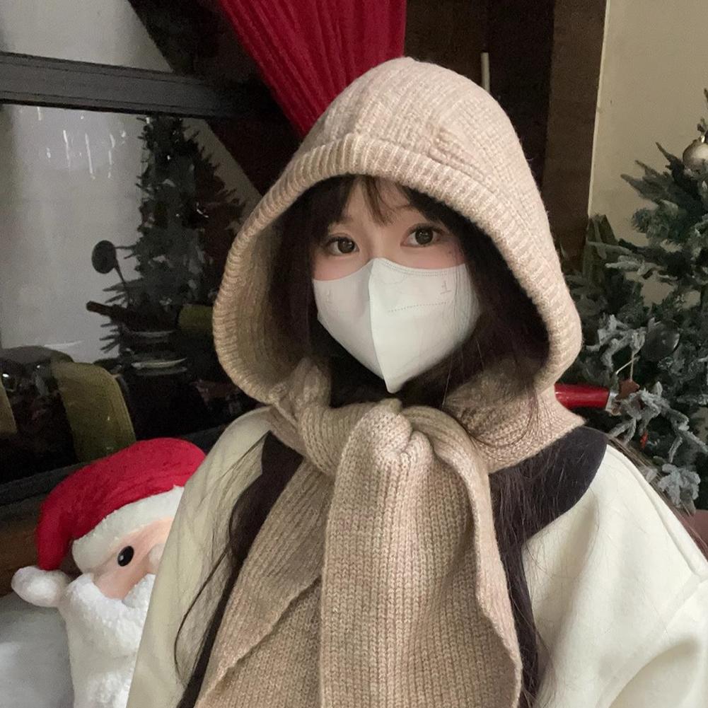 Korean Balaclava Bonnet Beanies Autumn Winter Warm Hat Scarf One-piece Thickened Knitted Hat Neck Protection Winter Accessories