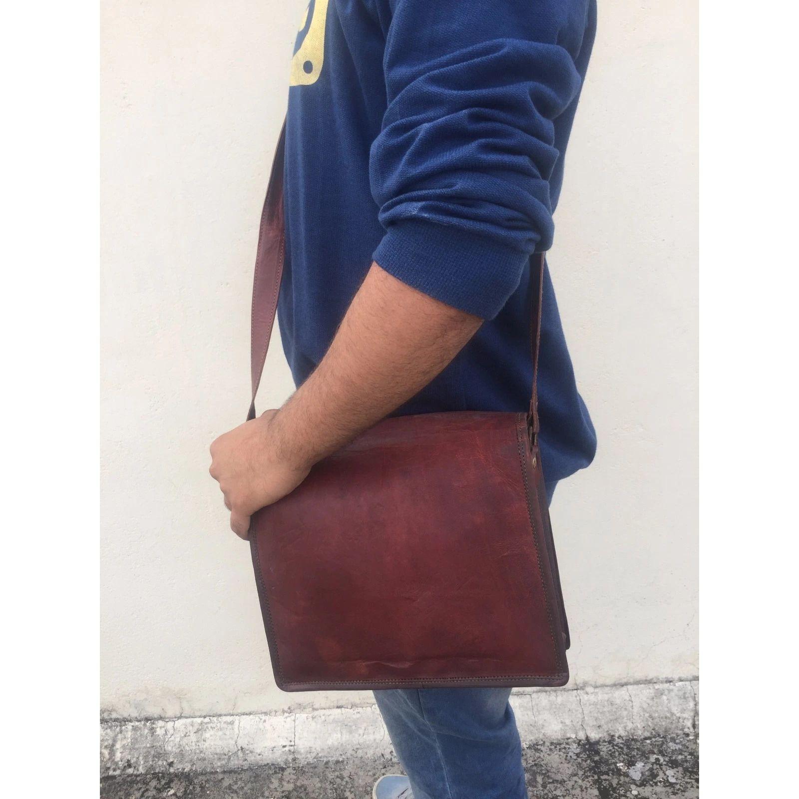 

Men s (Vintage) Brown Leather Full Flap Messenger Laptop Satchel Shoulder Bag 9 x 7 x 3 in